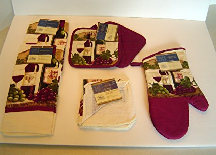 Burgundy Wine and Grapes Bundle of Kitchen Linens by Home Collection Featuring: Kitchen Towels, Pot Holders, Oven Mitt, Dishcloths (7 Pieces)