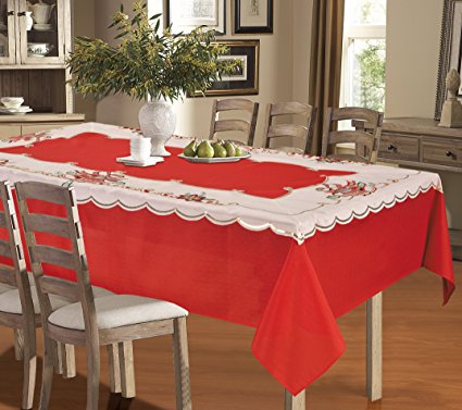 All American Collection New Table Cloth Christmas Poinsettia and Bells Design with Available Matching Kitchen Curtain