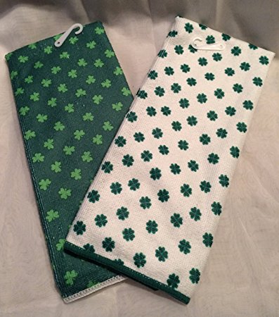 St Patrick's Day Towel Set Luck of the Irish Bar Towells White Green 4 Leaf Clover Shamrock