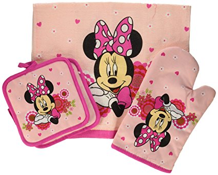 Disney Minnie Mouse Pink Floral 4-pc Kitchen Set: Towel, Oven Mitt & 2 Pot Holders