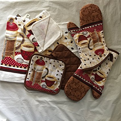 7 Piece Coffee Theme Kitchen Design (Towel, Pot Holders, Oven Mitt, Dishcloths)