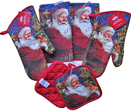 6 Piece Classic Santa Claus Kitchen Linens Set (2 Oven Mitts, 2 Pot Holders and 2 Dish Towels)