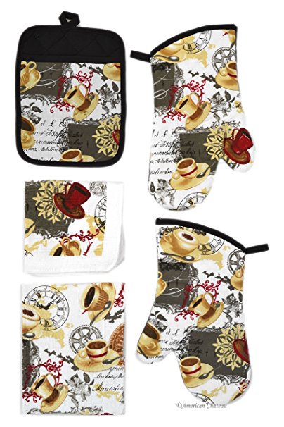 Cafe Coffee Latte Kitchen 5pc Linen Towel Set-Towels Oven Mitts & Pot Holder