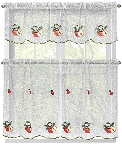 Window Elements Embroidered 3-Piece Kitchen Tier and Valance 60 x 54 Set, Red Apples