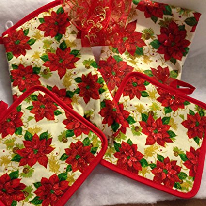 Christmas House Poinsetta Holly Berry Kitchen Linens Collections 4 Pc