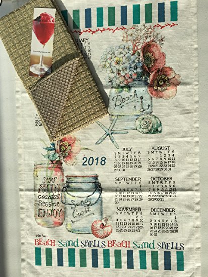 Finds and Furnishings 2018 Beach House Floral Kitchen Dish Towel Calendar & Kitchen Drying Mat Bundle Kitchen Linen Calendar Towel and Kitchen Dish Drying Mat 3 Piece Bundle