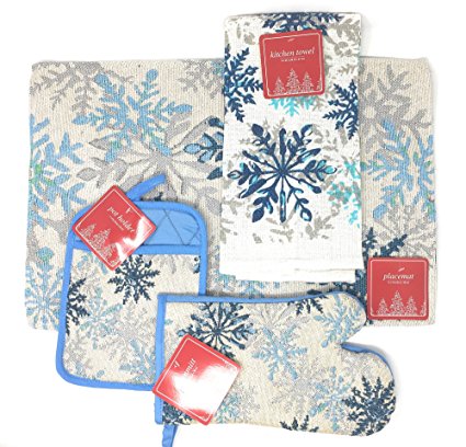 Snow Flakes Large Kitchen Set Bundle: Four Placemats, Oven Mit, Pot Holder, and Dishtowel