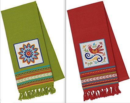 DII Design Imports Baja Cantina Talavera Embellished Kitchen Dish Towels Set of 2 - Red Bird - Green Sun