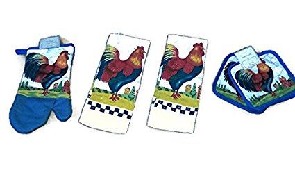 Rooster Kitchen Linen Bundle Package Oven Mitt (1) Pot Holder (2) Kitchen Towels (2)