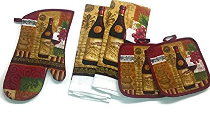 Wine Lovers Kitchen Linen Set (2030) (Includes: one oven mitt, two dish towels, and two pot holders)