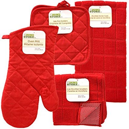 The Home Store Red Windowpane Pattern Kitchen Linens Collection: Set includes: 1 Pot Holder * 2 Pot Holders * 1 Kitchen Towel * 2 Microfiber Scrubbers (6 Items Total)