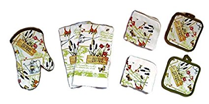 Herbs And Butterfly 7 Piece Kitchen Bundle Oven Mitts (1) Pot Holder (2) Kitchen Towels (2) Dish Cloths (2) (#4327)