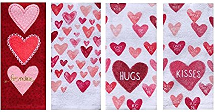 Celebrate Love Happy Valentine Modern Heart Cotton Kitchen Towels: TWO Sets of (2)