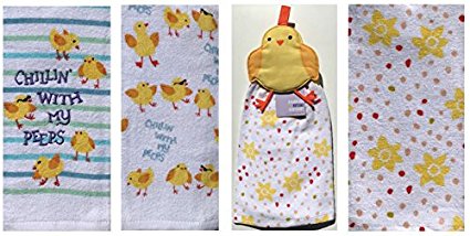 Chillin With My Peeps - Celebrate Easter Yellow Chicks Embroidered Cotton Kitchen Premium Tea Towels, TWO Sets of (2)