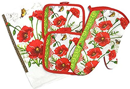 4 Piece Kitchen Towel Set (Red Pansies)