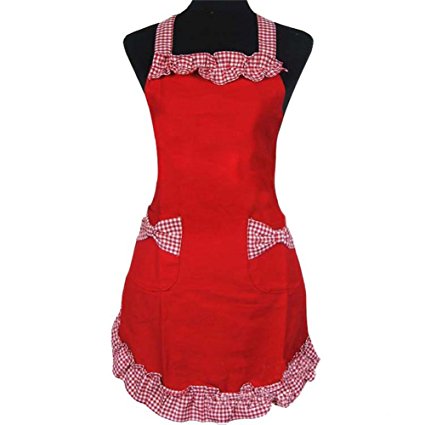 Mofeng Cute Retro Lovely Sweet Red Apron with bowknot Pockets for Kitchen Cooking Waitress Server Apron