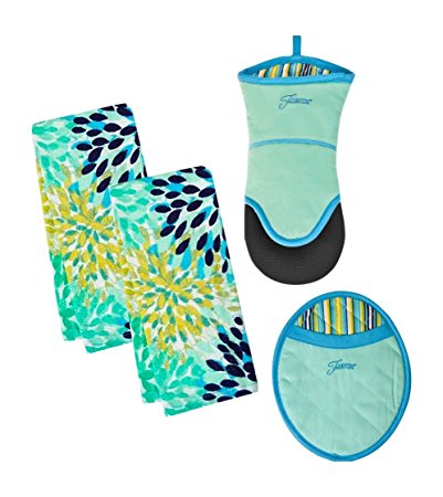 4 Piece Fiesta Kitchen Set - 2 Calypso Terry Towels, Puppet Oven Mitt, Oval Pocket Mitt (Turquoise)