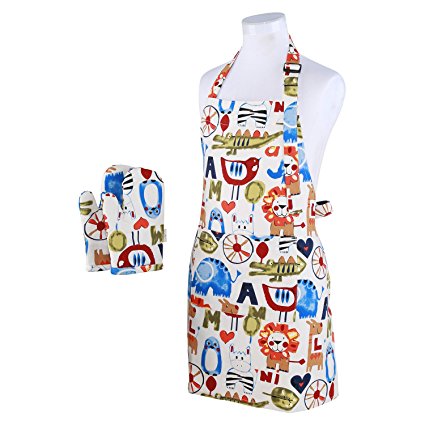 Neoviva Cotton Canvas Kitchen Linen Set for Kid Boys, Pack of 2, Including Kitchen Apron and Oven Mitts, Zoo Letters