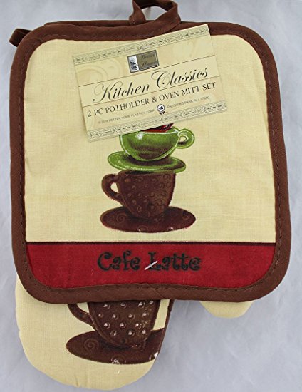 2 Pcs, Cafe Latte 1 Pot Holder, 1 Oven Mitt, 100% Cotton