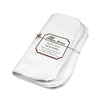 100% Premium Cotton Re-Usable Paperless Towels - White Pack of 24 pcs (10 x 10) inches. Easy wash and quick dry. Alternate to paper towels. multi-purpose towel.