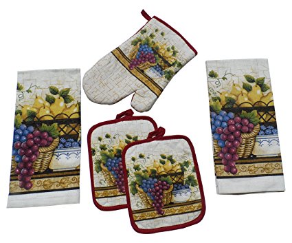 Dark Grapes Value Pack 5 Piece Kitchen Set 2 Towels 2 Pot Holders 2 Oven Mitts