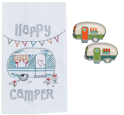 DHE Happy Camper 3 Piece Kitchen Bundle, Towel with Salt and Pepper Shakers