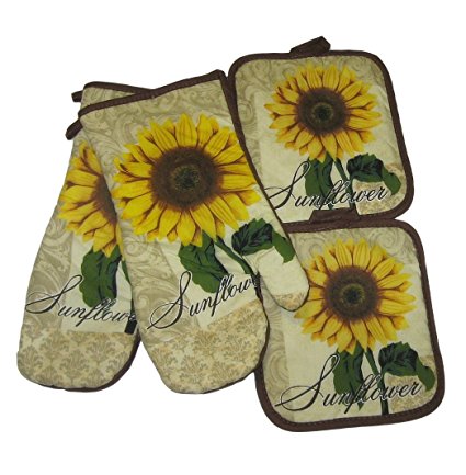 Sunflower Tan Brown Potholders and Oven Mitts Set (4 Items)