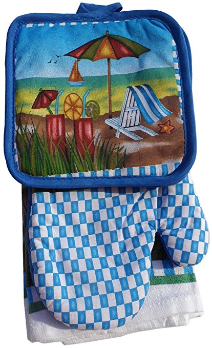 Day At The Beach Design Kitchen Set 5 Piece - 2 Potholders, 1 Oven Mitt & 2 Towels