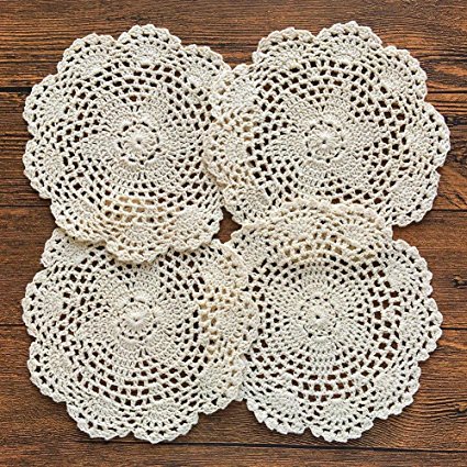 gracebuy Pack of 4PCS Beige Round 7 inch 100% HANDMADE Crochet Lace Placemats Coasters Set