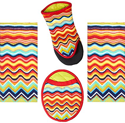 4 Piece Fiesta Multicolor Zig Zag Kitchen Set - 2 Terry Towels, Puppet Oven Mitt, Oval Pocket Mitt