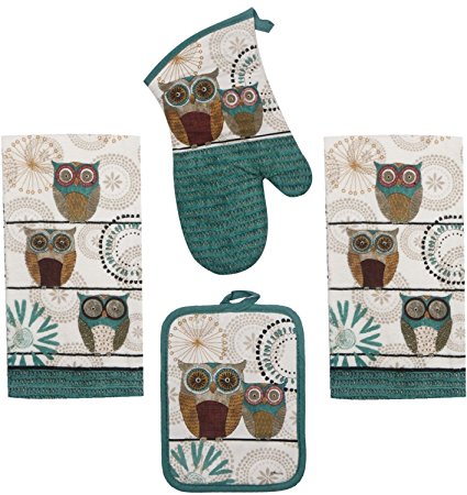 Kay Dee Spice Road Retro Owl Set - 2 Towels, Oven Mitt, Potholder