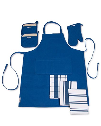 Pemberley Apron for Women or Men, Ideal Gift for Your Favorite Cook, 3 Blue Kitchen Towels, 1 Apron with Two Pockets, 2 Potholders and 1 Oven Mitt