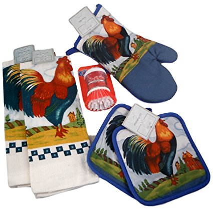 Country Rooster Kitchen Linens Bundle - 6 Items: 2 Dish Towels, Oven Mitt, set of 2 Pot Holders and Brillo Scrubber Brush