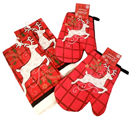 Winter Holiday Towels and Oven Mitts - Bundle of 4 Items: 2 Dish Towels and 2 Oven Mitts (Reindeer on Manly Plaid)