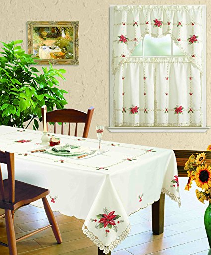 All American Collection New Table Cloth Christmas Holiday Design Embroidered with Available Matching Kitchen Curtain