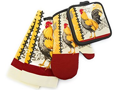 Kitchen Linen Set of 5: One Oven Mitt, Two Pot Holders and Two Towels (Rooster)