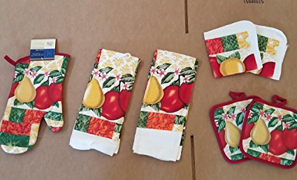 Kitchen Linen Set Pears And Apples 7 Piece Set Oven Mitt (1) Pot Holder (2) Towels (2) Dish Cloth (2)