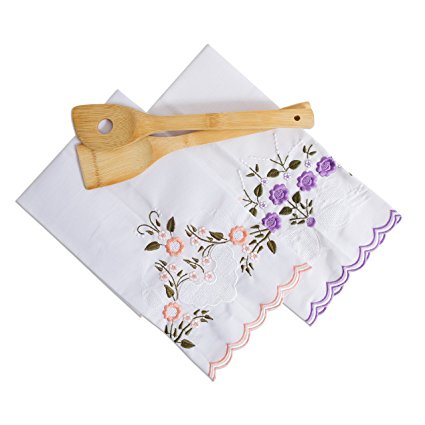 Set of 2 White Vintage Towel with Embroidered Designs for Kitchen - Truffilio (Medium, Purple embroidered)