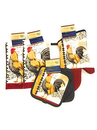 Rooster Kitchen Decor Bundle With Potholders, Oven Mitt And Dish Towels