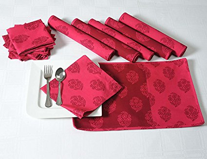 ShalinIndia Luxury Napkin & Placemat Table Linens Set - Includes 6 Place Mats & 6 Napkins - Reversible - 100% Cotton - Red & Raspberry Daisy