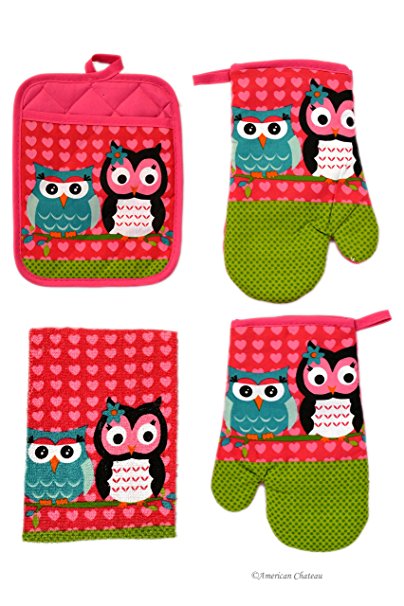 Pink Owls Kitchen 4 pc Kitchen Linen Set - Towel & Oven Mitts & Pot Holder