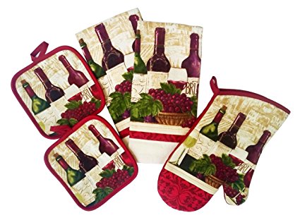 Kitchen Linen Set (Includes: one oven mitt, two pot holders and two dish towels) (Red Wine Variations)