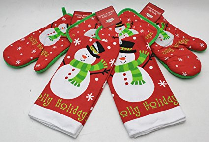 Snowman Novelty Kitchen Accessories Set Of 6 (Includes 2 Pot Holders, 2 Oven Mitts & 2 Towels)