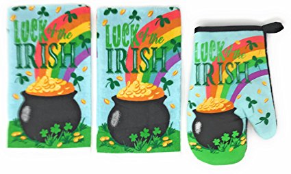 St. Patrick's Day Irish Themed Cotton Hand Dish Towels and Oven Mitt, 3-Piece Set (Pot 'o Gold)