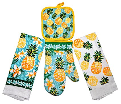 Summer Fun Products Mainstays 4 Piece Kitchen Bundle - Pot Holder, Oven Mitt, 2 Dish Towels - Fun Design (Pineapple)