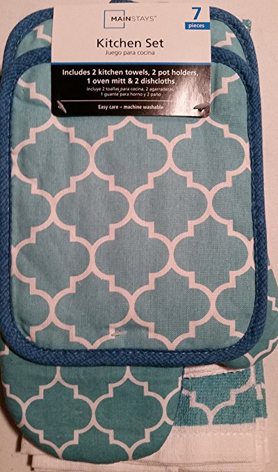 Kitchen Towel Set 7 Piece- Kitchen Towels, Pot Holders, Oven Mitt & Dishcloth - 7-piece Teal Trellis Set