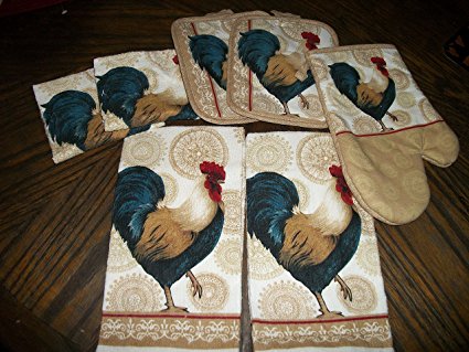 Rooster Tan, Blue, Red 7 Piece Set Of Dish Towels