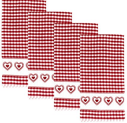 Double Heart Terrycloth Kitchen Towels, Set of 4 (Red)